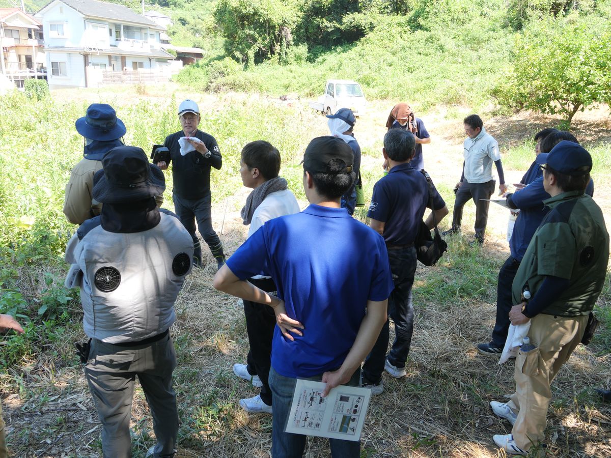 猛暑の中、かんきつ園に集まった産地の関係者